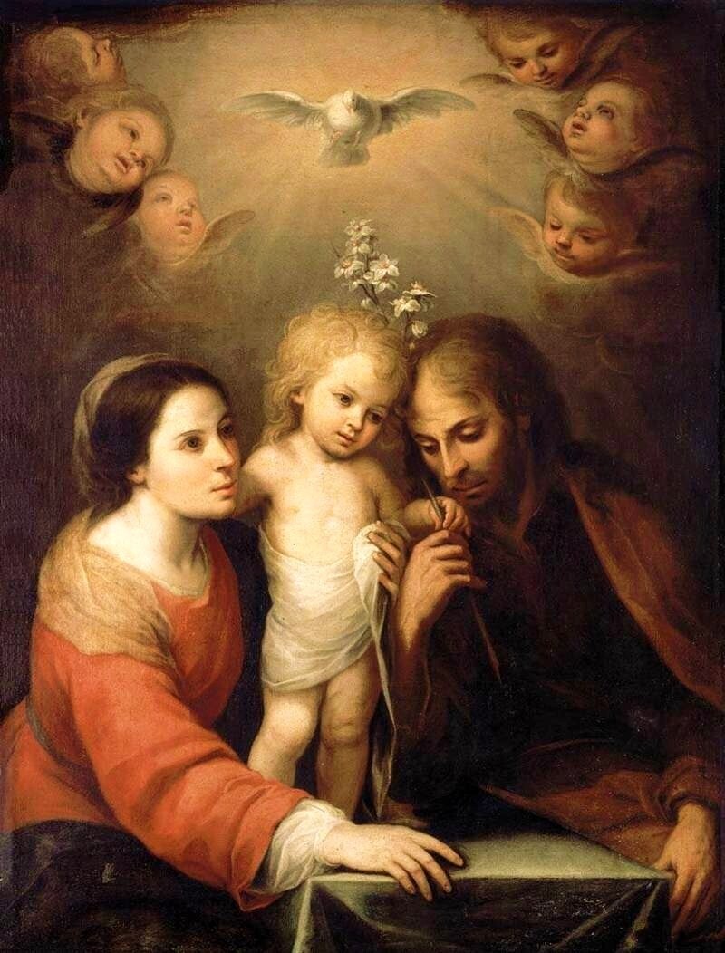 Santa famiglia con al centro Gesù infante