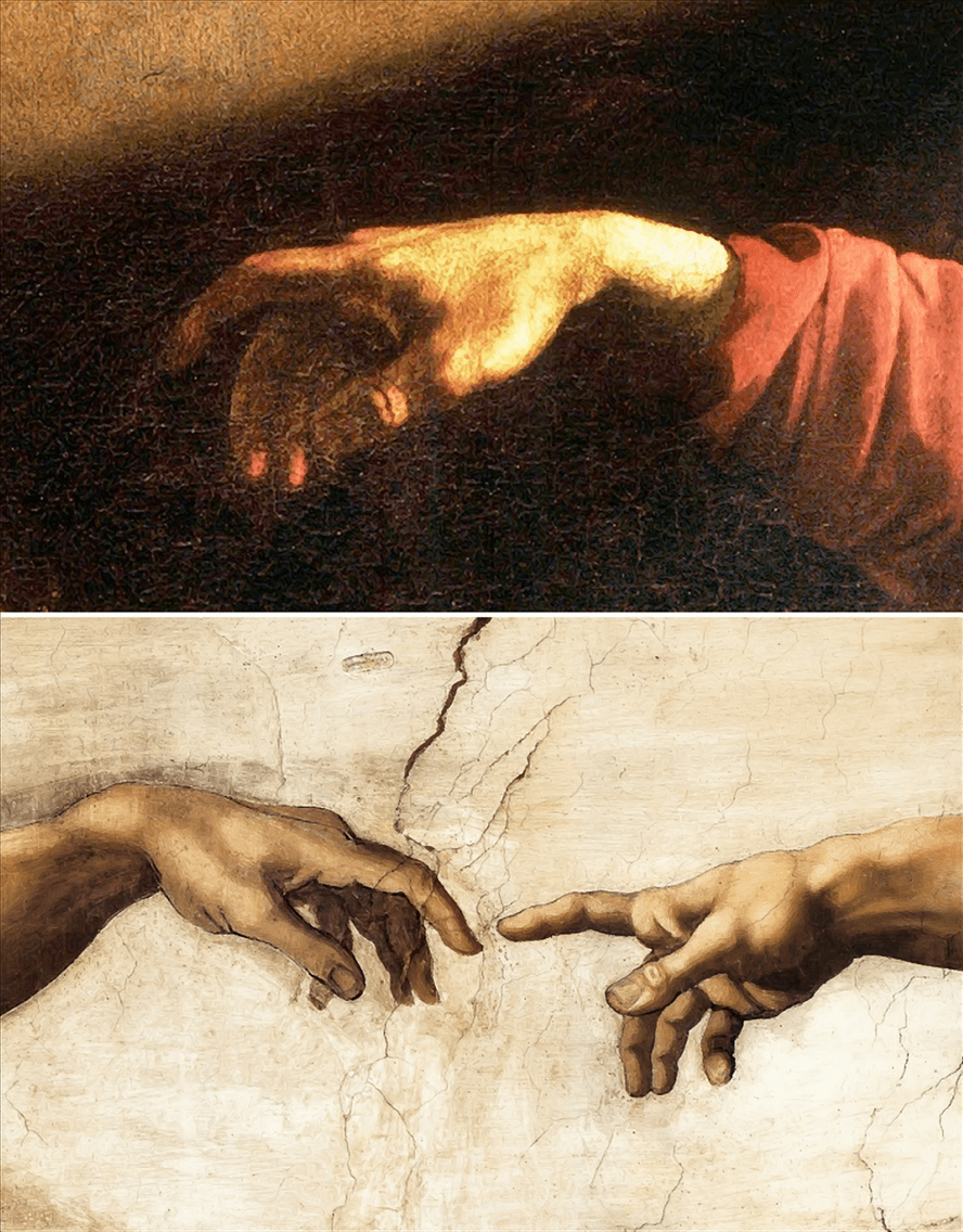 particolare mano Cristo Caravaggio creazione adamo Michelangelo big